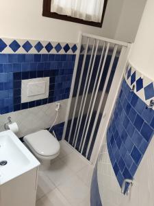 a bathroom with a toilet and a blue tiled wall at B&B Cesaranum in Casarano +24 photos