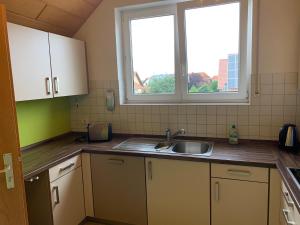 a kitchen with a sink and two windows at Ferienwohnung Ortenau in Neuried