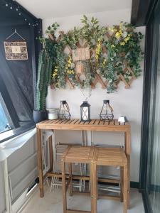 a table with plants on a wall at Chaleureux studio pied des pistes Les Glovettes VILLARD DE LANS in Villard-de-Lans