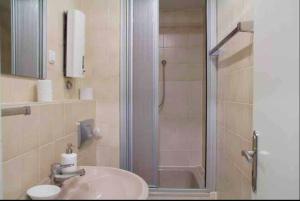 a bathroom with a sink and a shower at Köln Altstadt Charmantes Studio in Cologne