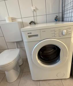 a white washing machine in a bathroom with a toilet at Ville Bianche in Drobollach am Faakersee