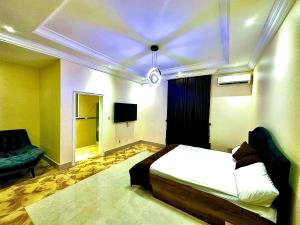 une chambre avec un lit, une télévision et un canapé dans l'établissement Gamjii apartments, à Abuja 16 autres photos