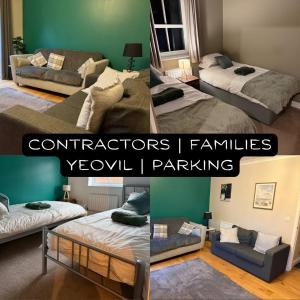 two pictures of a living room with two beds at Spacious Contractor House for Families, Groups, and Free Parking in Yeovil
