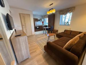 ヴィリニュスにあるEVArent Apartament Free parkingのリビングルーム(ブラウンソファ付)、キッチンが備わります。
