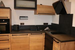 une cuisine avec des armoires en bois et un évier dans l'établissement apartment center Sélestat Le Melimi, à Sélestat 8 autres photos
