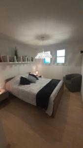 "L'Ostal Daouan" Grand appartement 8 personnes proche La Mongie et Payolle في كامبان: غرفة نوم بها سرير كبير وثريا