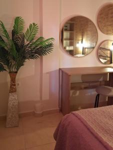a bedroom with a plant in a vase and a mirror at CITY CENTER APARTMENT in Sparti +14 photos