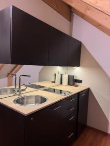 a kitchen with a sink and black cabinets at Modernes und helles Apartment VS in Villingen-Schwenningen