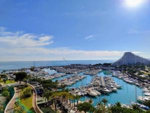 a view of a harbor with boats in the water at Appartement Moderne 4 Pers avec Clim et Parking, Villeneuve-Loubet Plage - FR-1-252A-36 in Villeneuve-Loubet