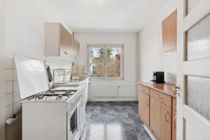 eine Küche mit einem weißen Herd und einem Fenster in der Unterkunft Basic Apartment with Full Kitchen in Zürich + 8 Fotos