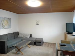 a living room with a couch and a tv at Rekreacny Dom in Strečno
