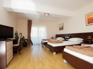 a room with three beds and a flat screen tv at Hotel Orka in Neum