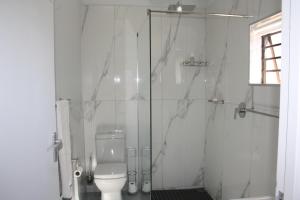 a white bathroom with a toilet and a shower at Happy's Hood in Pringle Bay