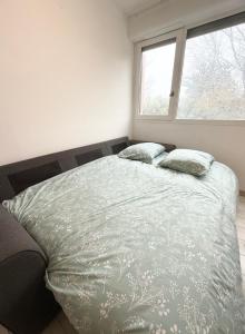 a bedroom with a large bed with two pillows on it at Studio Confort Pessac Centre avec Parking in Pessac