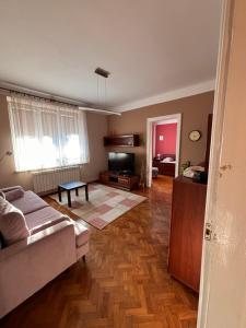 a living room with a couch and a television at Apartament Zacisze 1 in Przemyśl