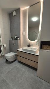 a bathroom with a sink and a toilet and a mirror at ONNE Apartment in Zaprešić +23 photos