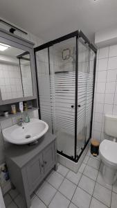 a bathroom with a sink and a shower and a toilet at FeWo EssensStube - Gemütlich - Geräumig - Gut in Essen