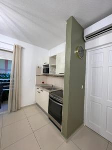 Honey M Appart في سكولكر: مطبخ مع موقد وحائط أخضر