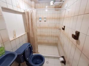 a bathroom with a blue toilet and a shower at Casa Bella Vista in Bogotá