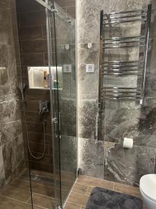 a bathroom with a glass shower with a toilet at Urban Escape Zlatibor in Zlatibor