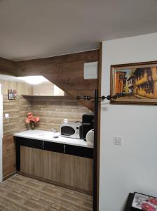 una cocina con fregadero y microondas en Marchevi in the Old Town, en Plovdiv