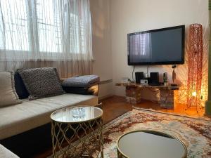 a living room with a couch and a flat screen tv at JOVAN APARTMAN in Rospi Ćuprija