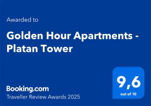 Certifikát, ocenenie alebo iný dokument vystavený v ubytovaní Golden Hour Apartments - Platan Tower