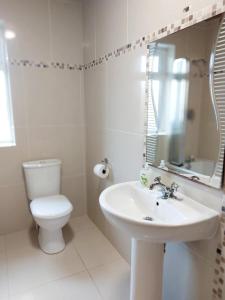 a white bathroom with a toilet and a sink at Kings in Ballyconneely +30 photos