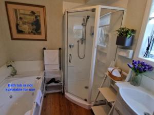 a bathroom with a shower and a sink at Macadamia Retreat - City Central Hygge in Rotorua +42 photos