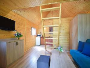 a living room with a blue couch and a tv at Cottage in azy near Beach and Lake Jamno in Łazy