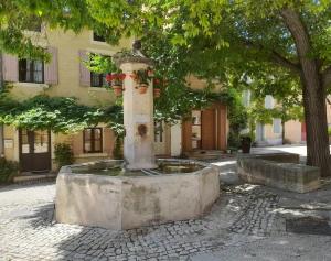 FlassanGîte La Chouette Hulotte classé 3 étoiles Spa, Mt Ventoux, Parc Spirou的一座建筑前庭院里的喷泉