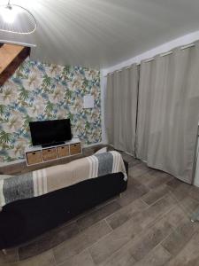 a bedroom with a bed and a tv on the wall at Les loupiots in Hardinghen +3 photos