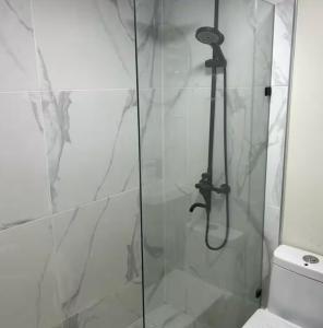 ducha con puerta de cristal junto a un aseo en Solano Apartamentos, en Boca Chica