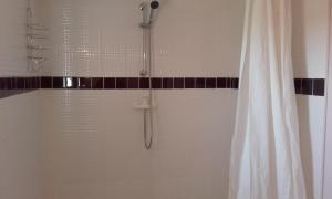 a shower in a bathroom with a shower curtain at Chambres d'Hôtes La Vie en Roses in Iguerande