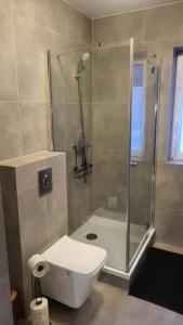 Un baño con ducha y un inodoro blanco. en Loftowe Zacisze nad Bałtykiem - 5 to the Sea, en Międzywodzie 27 fotos más