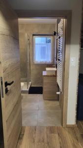 baño con ducha, lavabo y puerta en Loftowe Zacisze nad Bałtykiem - 5 to the Sea, en Międzywodzie