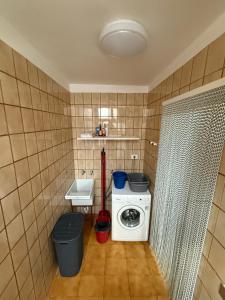Un pequeño baño con lavadora y lavabo. en Casa Tamarán, en Arguineguín