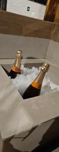two bottles of champagne in a cardboard box at Chalé Estância Morada Nova in Coração de Jesus