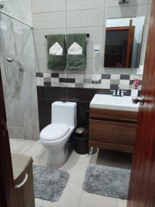 ein Badezimmer mit Toilette, Waschbecken und Dusche in der Unterkunft Estancia Chon Cortes in Cupilco