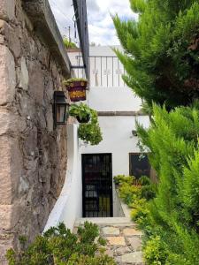 un edificio blanco con una puerta y algunas plantas en Casa Bugambilia Guanajuato, en Guanajuato