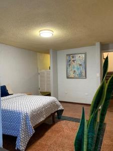 Un dormitorio con una cama y un cuadro en la pared. en Casa Bugambilia Guanajuato, en Guanajuato