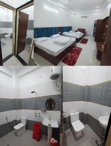 two pictures of a room with two beds and a bathroom at Kharari Inn in Ayodhya