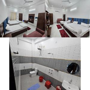 two pictures of a room with beds and a bathroom at Kharari Inn in Ayodhya