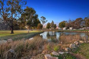 a pond in a park with trees and grass at Crows Nest Tourist Park in Crows Nest
