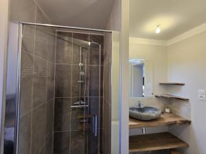 a bathroom with a shower with a sink at Maison climatisée avec piscine privée, wifi et parking, animaux bienvenus - FR-1-616-456 in Les Coteaux Périgourdins +16 photos