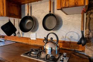 y cocina con hervidor de agua y fogones. en Matumi Trail Forest Lodges - Matumi and Mitzeeri, en Tzaneen