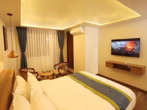 una camera d'albergo con letto e TV a parete di Harsha Boutique Hotel a Kathmandu