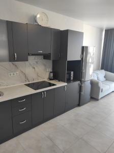 a kitchen with black cabinets and a sink and a refrigerator at Апартаменти Люкс 5 in Khmelnytskyi