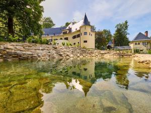 a house with a stone wall next to a body of water at Boutique hotel & Wellness Spitzerova vila Eliška in Janovice