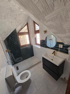 a bathroom with a toilet and a sink and a mirror at Tom Apartmans in Siófok +50 photos